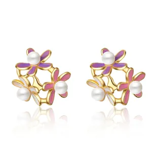 Flower Stud Earrings Sweet Elegant Floral Design With Faux Artificial Pearl And Enamel Copper Gold Plated Jewelry For Women