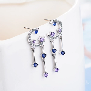 Starry sky moon tassel earrings with sparkling zircon and geometric blue crystal drops