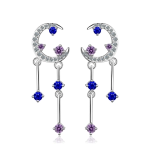 Starry moon drop earrings with blue purple zircons on a minimalist silver metal base