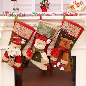 Large Vintage Christmas Stocking Burlap Flannel Hanging Gift Bag For Fireplace Decor With Santa Snowman Reindeer Character