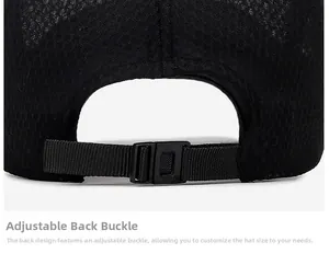 Adjustable plastic strap and buckle detail on a breathable black mesh baseball cap