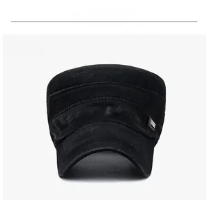 Front view of washed cotton cadet cap in black featuring vintage distressed details