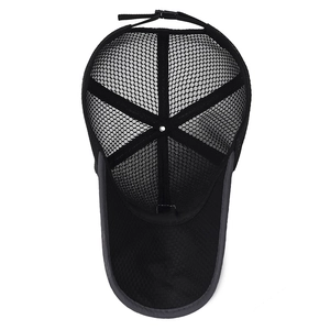 Inside view of black breathable mesh baseball cap with adjustable strap and 6-panel design
