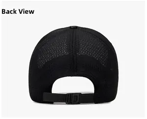 Detail of breathable black mesh baseball cap showing adjustable strap buckle and back view
