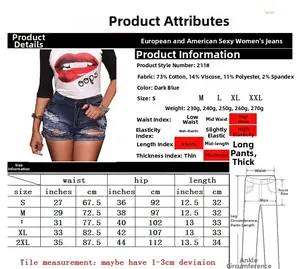 Detailed size chart for high waist ripped denim shorts showing measurements in inches and cm