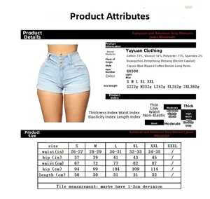 Size chart showing fabric composition and measurements for light blue denim shorts