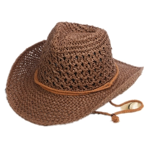 Brown woven straw cowboy hat with hollow patterns and adjustable drawstring for summer sun