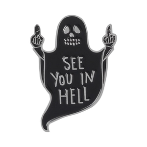 Halloween skeleton ghost enamel pin with See You In Hell text for jackets and bags