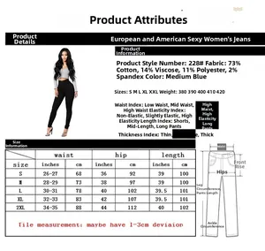Tabella taglie dettagliata per jeans skinny a vita alta con specifiche del tessuto