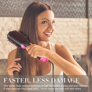 Detail showing a pink hot air brush styling hair for fast drying and frizz reduction