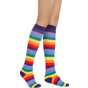 Close-up of rainbow striped cotton knee-high socks showing vibrant knit texture