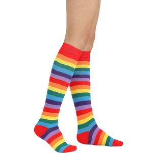Rainbow striped knee high socks for women made of elastic cotton blend for cosplay wear
