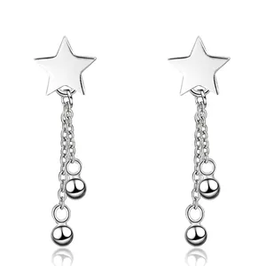Star Tassel Drop Earrings Copper White Gold Plated Long Chain Round Bead Pentagram Korean Style For Women