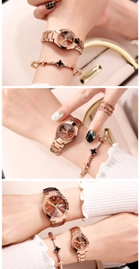 Detail of rose gold quartz watch set with clover bracelet and star ring on beige handbag