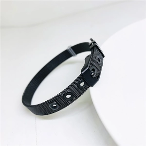 Detail of black stainless steel mesh bracelet with adjustable belt buckle closure