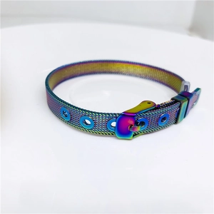 Detail of iridescent mesh stainless steel bracelet with buckle in a white ceramic dish