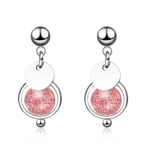 Natural Strawberry Quartz Moonstone Round Stud Earrings Simple Alloy Geometric Dangle Jewelry For Women With 925 Silver Post