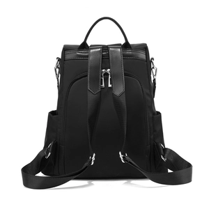 Classic black oxford fabric backpack for women with water-resistant finish and back view details
