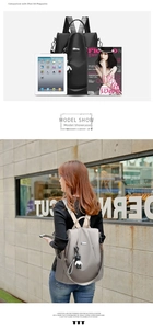Detail view of water-resistant oxford backpack showing interior capacity for iPad and magazine