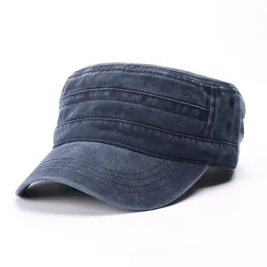 Detail view of washed cotton military flat top cap with side ventilation eyelets