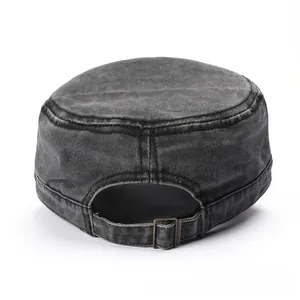 Detailed back view of vintage washed denim cadet cap with adjustable bronze metal buckle