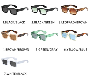 Détail de lunettes de soleil carrées avec rivets métalliques en sept coloris variés