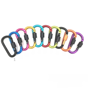 Set of 10 colorful aluminum alloy D-ring carabiners with secure black screw lock features