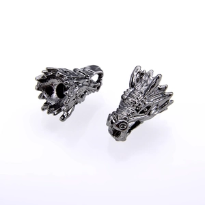 Macro detail of gunmetal dragon head beads showing intricate scales and dragon whiskers