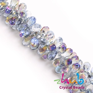 Macro detail of faceted crystal teardrop beads with iridescent AB aurora coating finish