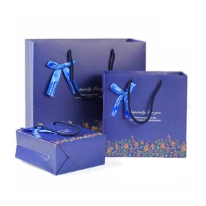 Navy blue floral gift bag set with ribbons and elegant Especially for you text