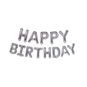 Silver Happy Birthday alphabet foil balloons set with metallic glossy finish on white background