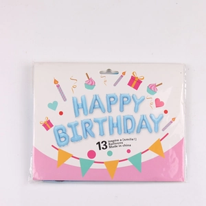 Macro shot of 13 blue foil balloons in a Happy Birthday set with colorful packaging