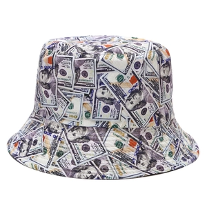Foldable bucket hat featuring creative 100 dollar bill graffiti print for sun protection