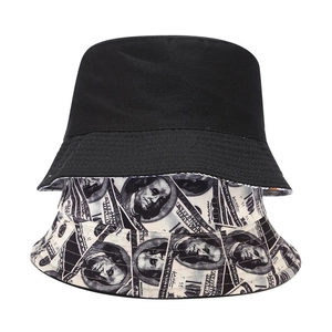 Creative black bucket hat with money print brim featuring dollar bill pattern design