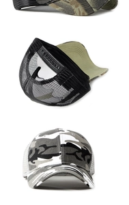 Detail of camouflage trucker hats showing breathable mesh and adjustable plastic snapback