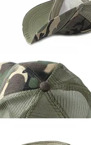 Detail of army green camouflage trucker hat with breathable mesh and sturdy curved brim