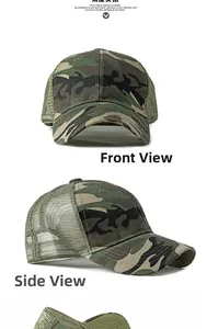 Front and side views of camo mesh baseball cap with breathable green camouflage fabric