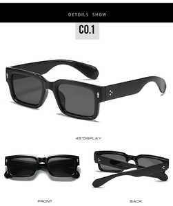 Vues détaillées de lunettes de soleil carrées avec rivets argentés et monture noire polie