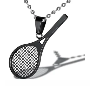 Macro detail of a black tennis racket pendant featuring a polished alloy finish and bead chain
