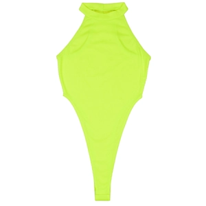 Detailed shot of neon green sleeveless bodysuit featuring ribbed stretchy fabric