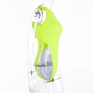 Detail view of neon green ribbed fabric texture on a high-cut sleeveless bodysuit
