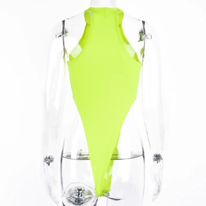 Detail shot of neon green ribbed bodysuit showing high-cut leg and textured knit fabric