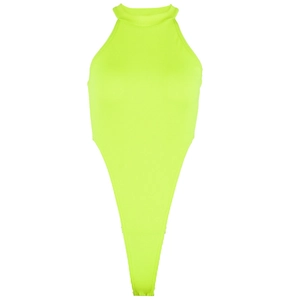 Neon green ribbed sleeveless bodysuit with high neck and cut-out design on white background