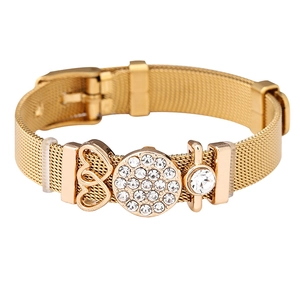 10mm Gold mesh stainless steel bracelet with crystal charms and hollow heart patterns