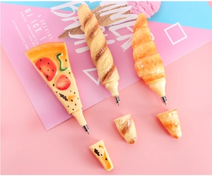 Macro detail of realistic pizza, baguette, and croissant food-shaped novelty pens