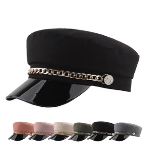 Stylish women's black navy cap featuring a gold chain and glossy PU leather brim decoration