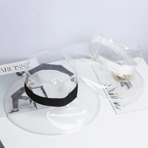 Détails de chapeaux de soleil en PVC transparent léopard avec rubans noir et blanc