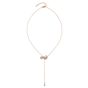 Elegant rose gold bow necklace with Y-shaped pendant and teardrop crystal on white backdrop