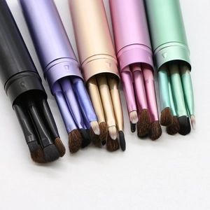 Portable 5pcs horse hair eye makeup brush set in a stylish cylindrical metal case