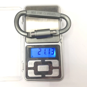 Detail view of a gunmetal D-ring carabiner on a digital scale weighing 21.13 grams
